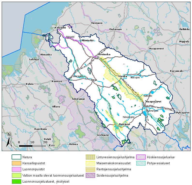 Kuva 3-4. Natura-alueet, kansallispuistot, luonnonsuojelualueet ja -ohjelmat sekä pohjavesialueet Iijoen vesistöalueella.