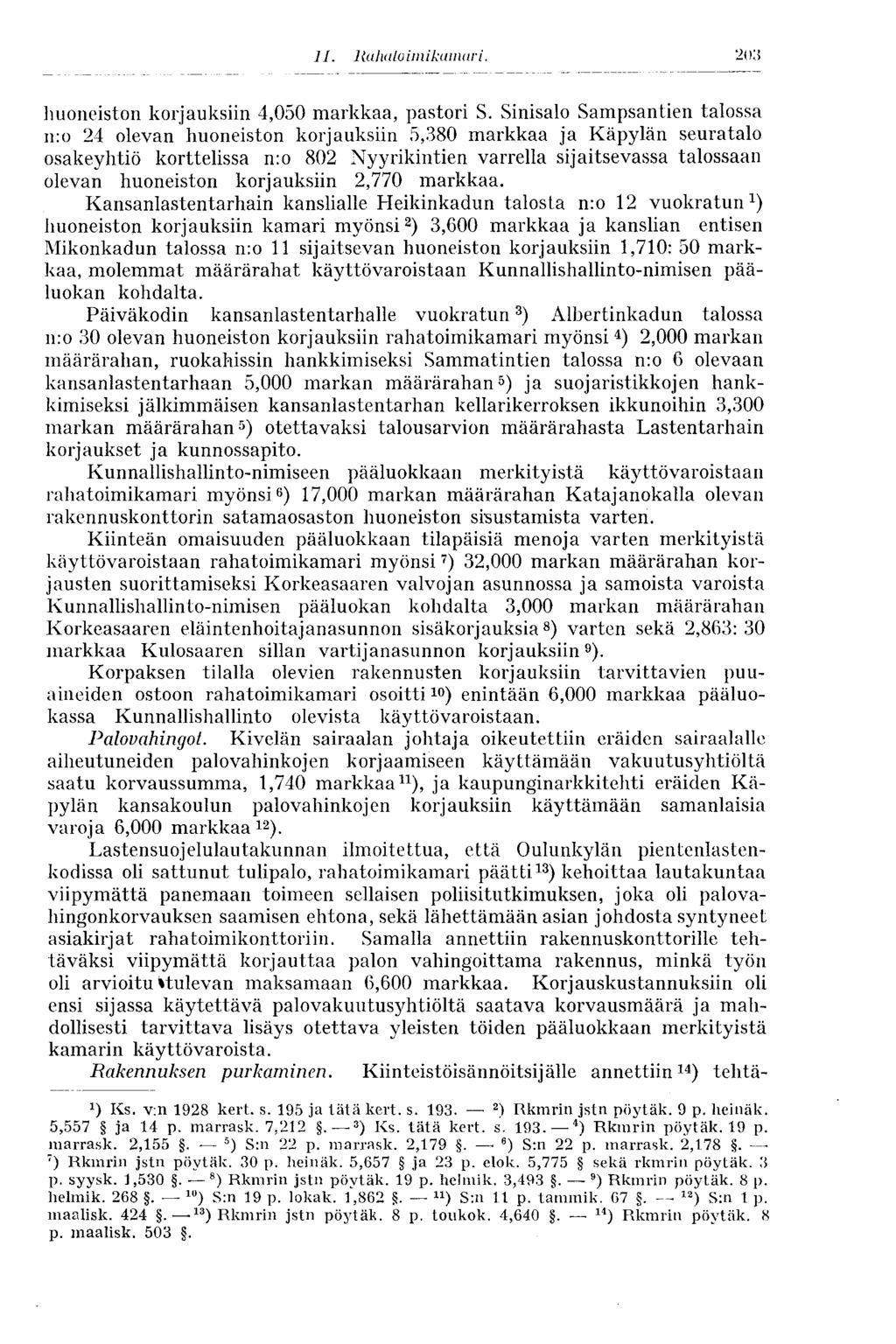 203 huoneiston korjauksiin 4,050 markkaa, pastori S.