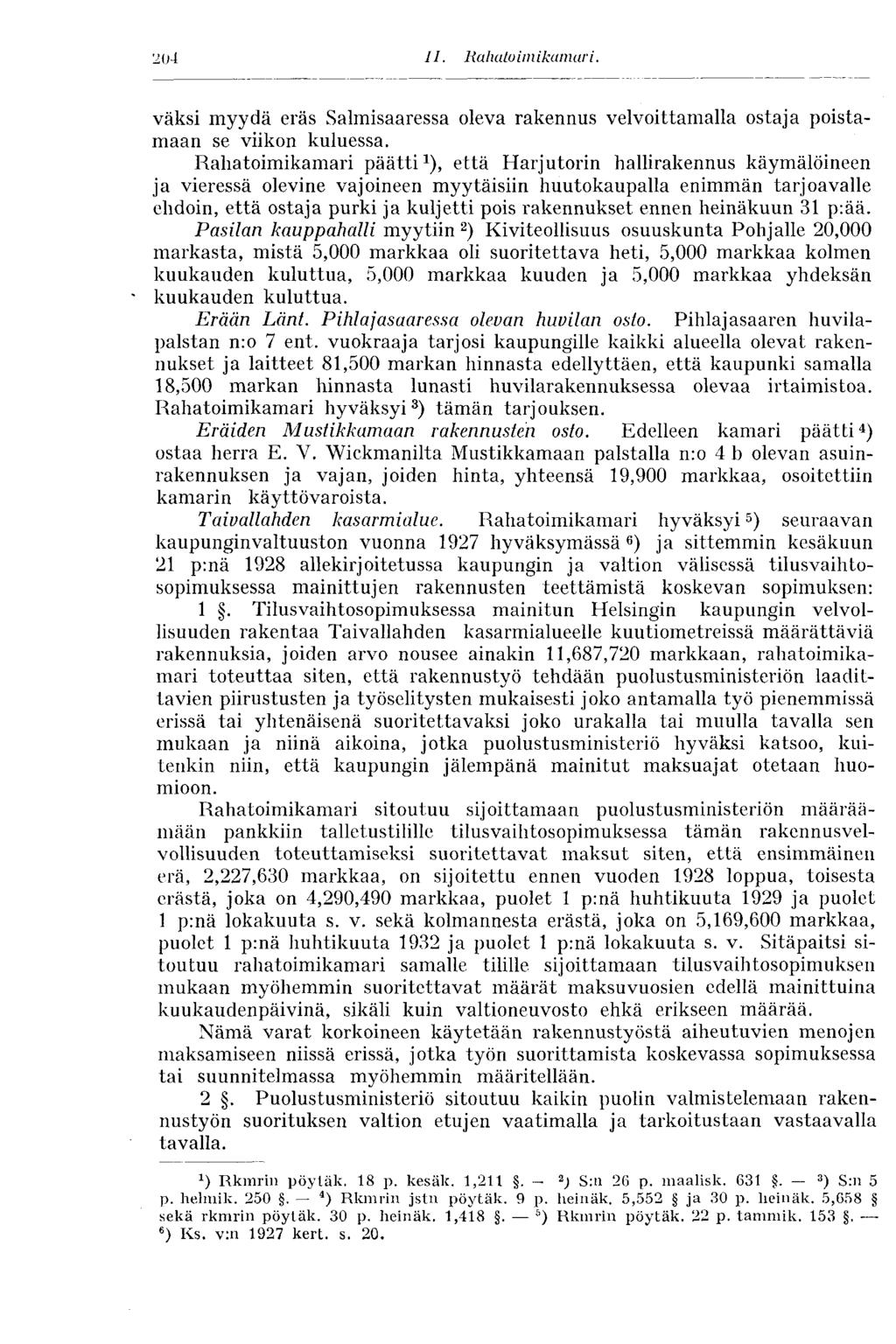 204 11. Rahatoim kamari. väksi myydä eräs Salmisaaressa oleva rakennus velvoittamalla ostaja poistamaan se viikon kuluessa.