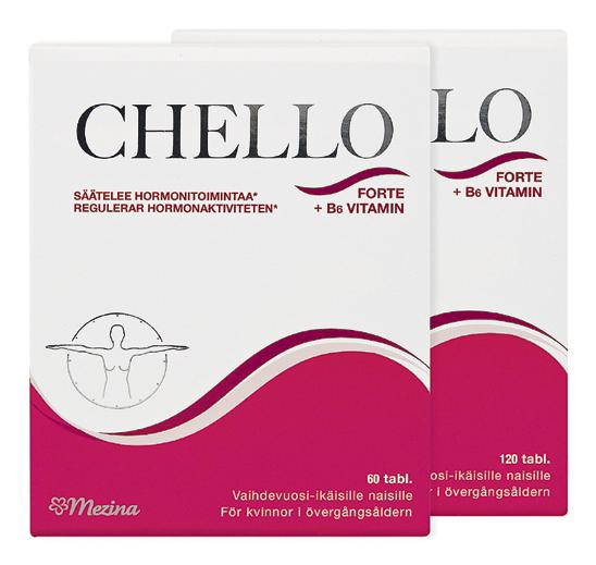 CHELLO FORTE + B6 VITAMIN Sisältää B6-vitamiinia, joka edistää hormonitoiminnan säätelyä sekä puna-apilaa ja salviaa