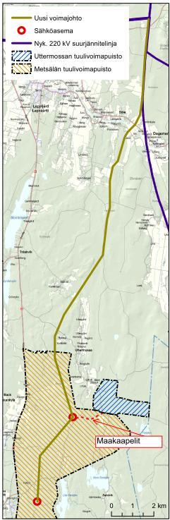 Kuva 4. Sähkönsiirtoreitti (110 kv) Metsälästä Pyhävuorelle.