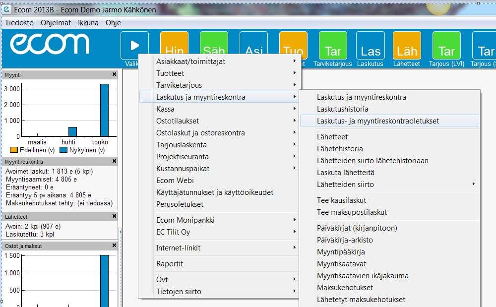 3. Läheteoletukset Läheteoletukset löytyvät ohjelmat-valikon tai vaihtoehtoisesti Valikko-painikkeen