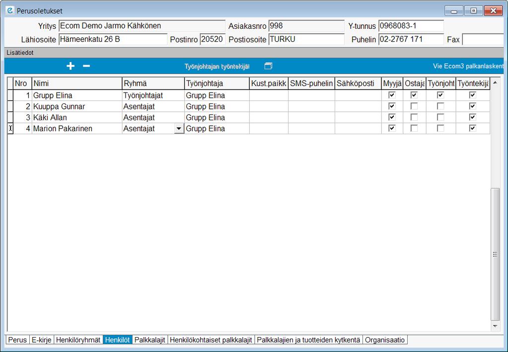 3.52 Uuden henkilön perustaminen Jos Ecomin palkanlaskenta ei ole käytössä, lisätään henkilöt tähän ikkunaan.