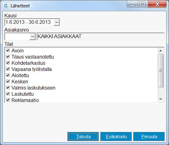 11.1 Läheteraportti Ohjelma avaa ikkunan, josta voi valita, miltä ajalta lähetteitä haluaa seurata. Kentän perästä löytyy erillinen painike, jonka alta voi valita halutut päivämäärärajat.