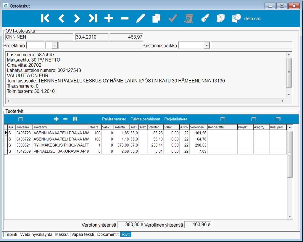 12.1 Ostolaskurivit Ostolaskun rivit-välilehti on avattu, näyttää ohjelma ostolaskun rivien sisällön alavälilehdellä hintoineen.