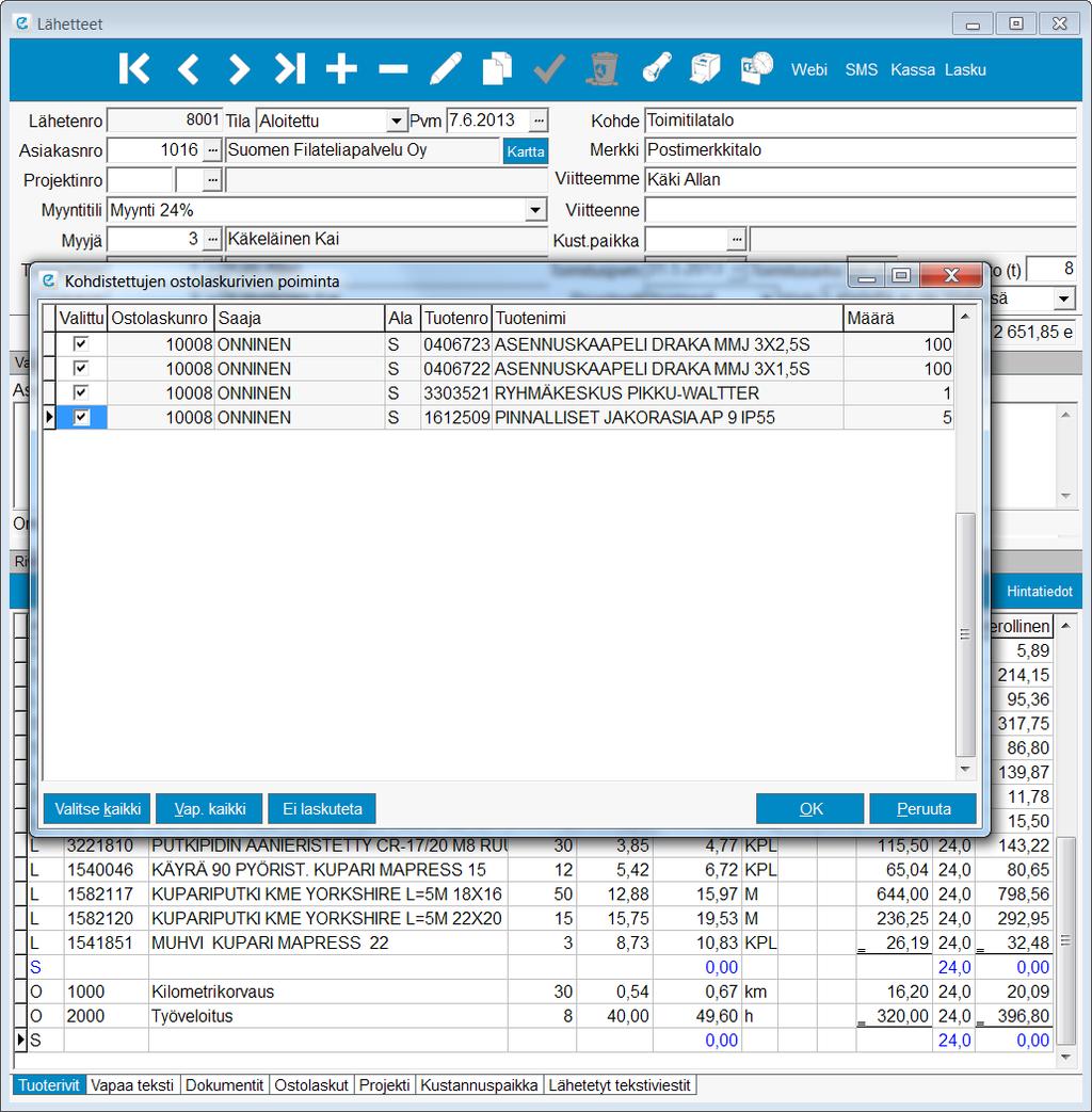 12.5 Ostolaskulta kohdistettujen rivien tiputus lähetteelle B Kun lähetteen kynä-painiketta painetaan, tuo ohjelma esiin ikkunan, jossa näkyvät ostolaskulta kohdistetut rivit, jotka siirtyvät