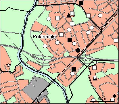 52 Pukinmäen peruspiiri Copyright Helsingin kaupunki, Kaupunkimittausosasto 36 /23 Genimap Oy, Lupa L5475/3 Asukastiheys h/km2 Asuntojen keskikoko m2 Asuntokuntien keskikoko Korkeakoulututkinto 15 1