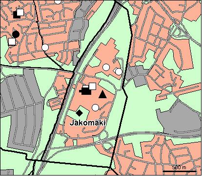 56 Jakomäen peruspiiri Copyright Helsingin kaupunki, Kaupunkimittausosasto 36 /23 Genimap Oy, Lupa L5475/3 Asukastiheys h/km2 Asuntojen keskikoko m2 Asuntokuntien keskikoko Korkeakoulututkinto 15 1