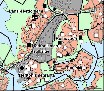 62 Herttoniemen peruspiiri Copyright Helsingin kaupunki, Kaupunkimittausosasto 36 /23 Genimap Oy, Lupa L5475/3 Asukastiheys h/km2 Asuntojen keskikoko m2 Asuntokuntien keskikoko Korkeakoulututkinto 15