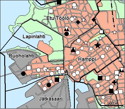 13 Kampinmalmin peruspiiri Copyright Helsingin kaupunki, Kaupunkimittausosasto 36 /23 Genimap Oy, Lupa L5475/3 Asukastiheys h/km2 Asuntojen keskikoko m2 Asuntokuntien keskikoko Korkeakoulututkinto 15