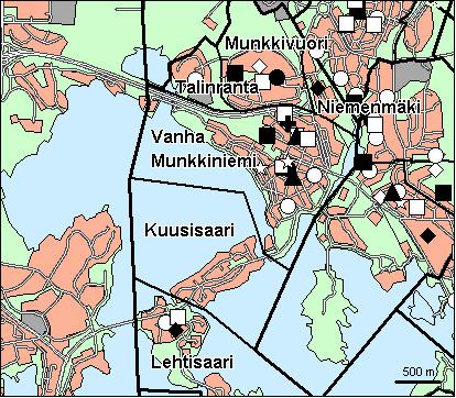 22 Munkkiniemen peruspiiri Copyright Helsingin kaupunki, Kaupunkimittausosasto 36 /23 Genimap Oy, Lupa L5475/3 Asukastiheys h/km2 Asuntojen keskikoko m2 Asuntokuntien keskikoko Korkeakoulututkinto 15