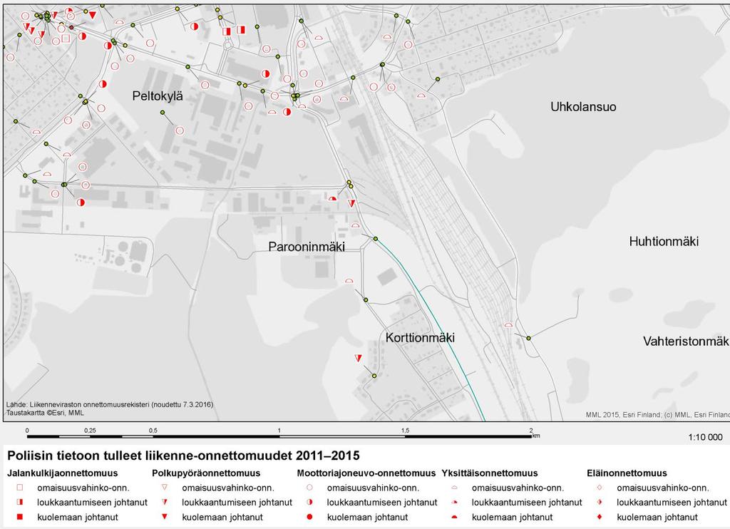 3. LIIKENNETURVALLISUUS Kuvassa 12 on esitetty asemakaavan suunnittelualueen lähiympäristössä poliisin tietoon tulleet liikenneonnettomuudet vuosina 2011 2015.