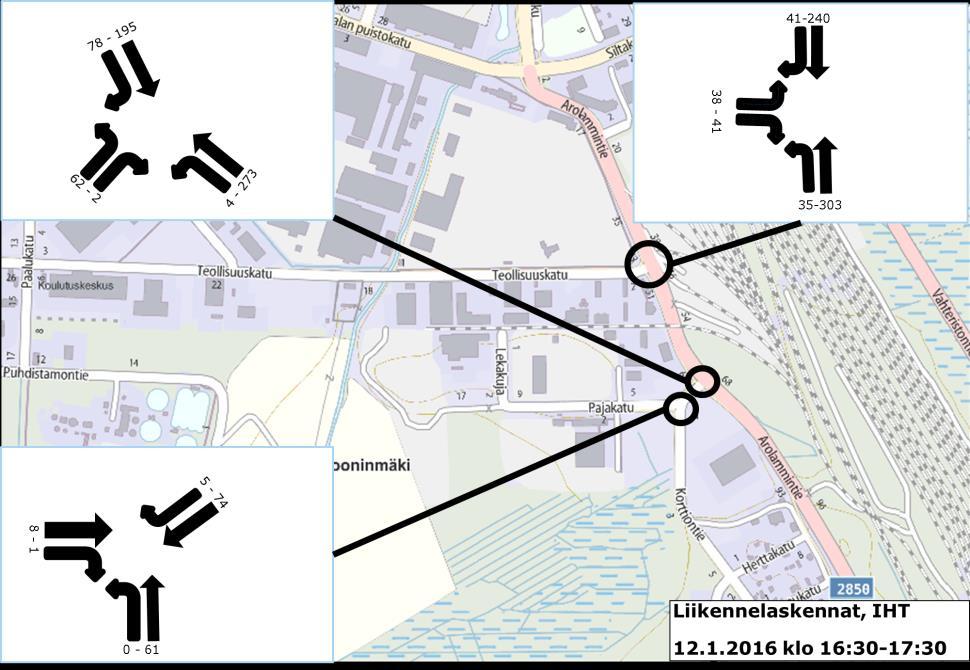 67-200-139 Kuva 8 Iltapäivän huipputunnin liikennemäärät nykytilanteessa (laskennat 12.1.2016, ajon./h). Taustakartta MML.