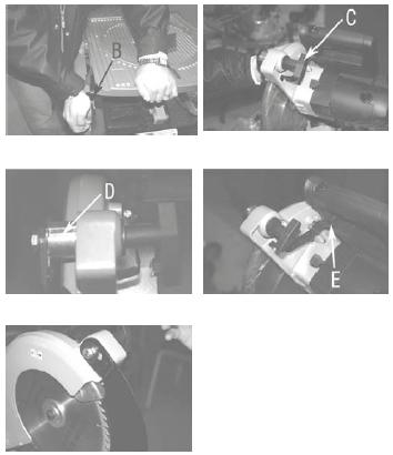 - Use the lever (E) that is in the handle of the machine and locks the saw blade