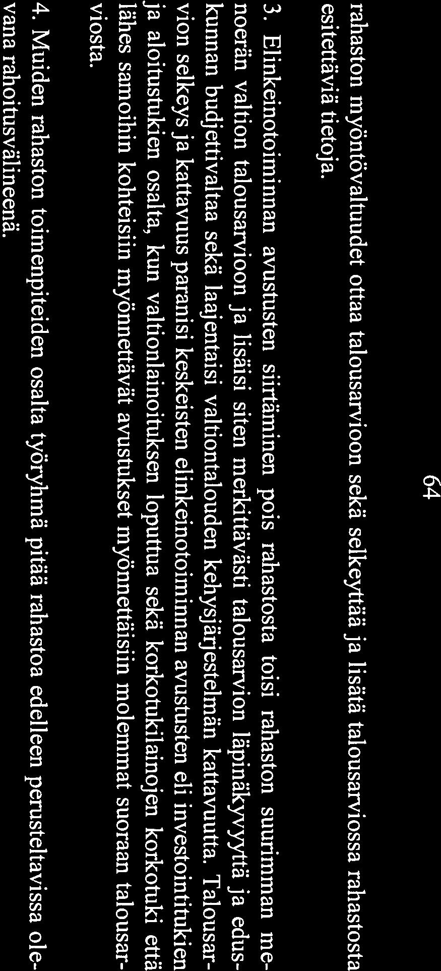 64 rahaston myöntövaltuudet ottaa talousarvioon sekä selkeyttää ja lisätä talousarviossa rahastosta esitettäviä tietoja. 3.