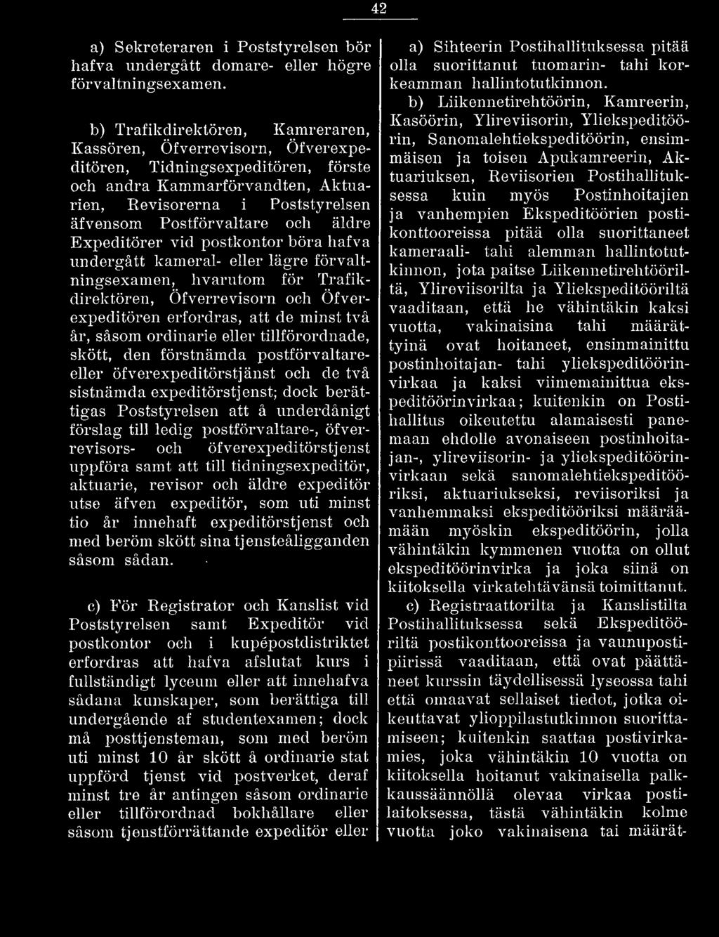 ledig postförvaltare-, öfverrevisors- och öfverexpeditörstjenst uppféra samt att till tidningsexpeditör, aktuarie, revisor och äldre expeditör utse äfven expeditör, som uti minst tio år innehaft