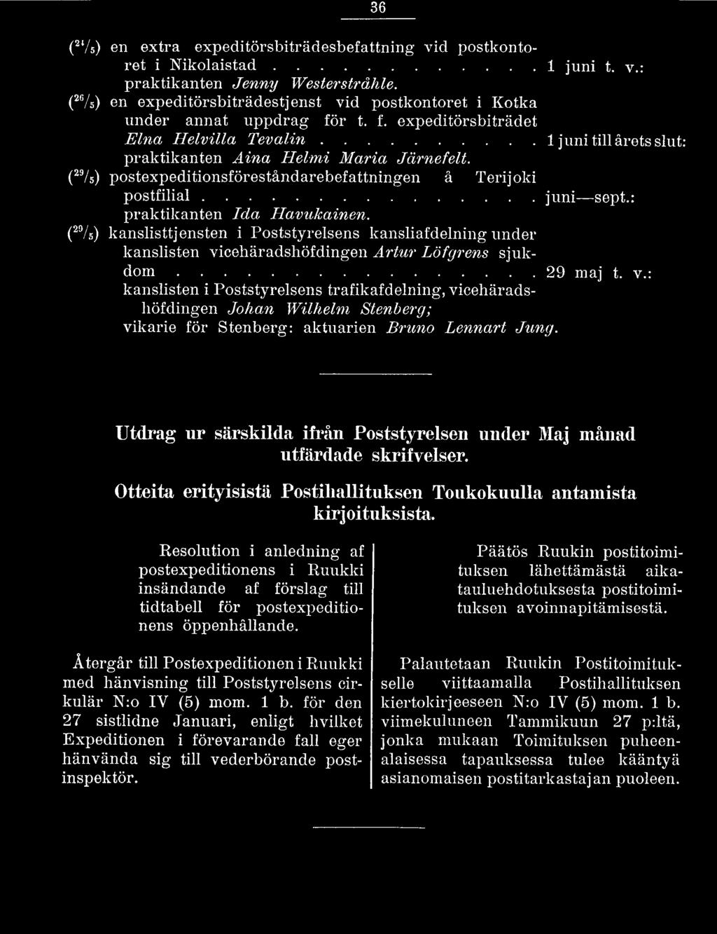 cehäradshöfdingen Artur Löfgrens sjukdom... 29 maj t. v.: kanslisten i Poststyrelsens trafikafdelning, vicehäradsliöfdingen Johan Wilhelm Stenberg; vikarie för Stenberg: aktuarien Bruno Lennart Jung.