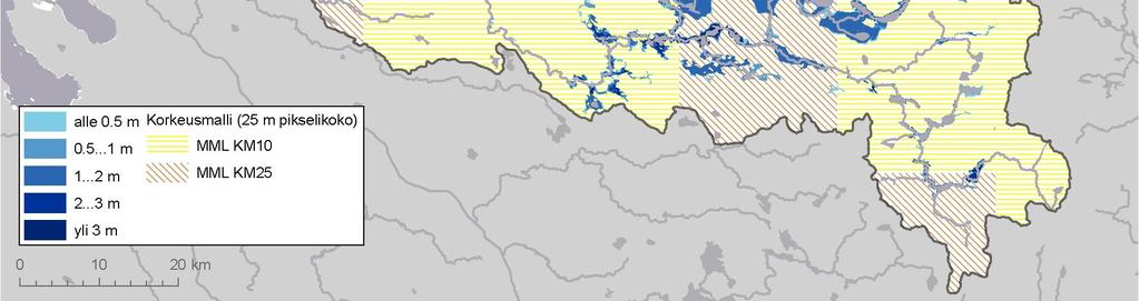 yhtälöitä soveltaen - tulva-alueiden generointi perustuen path distance -algoritmiin ja niiden esittäminen Mallin tuloksista voidaan päätellä, että kerran 1 000 vuodessa toistuvalla tulvaskenaariolla