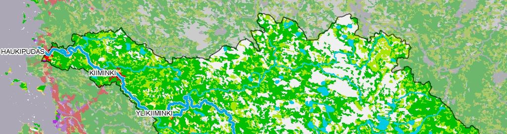 Kuva 2-5. Corine-aineiston mukainen maankäyttö ( SYKE; maankäyttö SYKE (osittain Metla, MMM, MML, VRK)) Koko vesistöalueella asuu noin 20 000 asukasta, joista noin 30 % asuu Kiiminkijoen varrella.