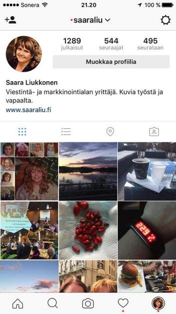 Tutustu ihmisiin Näet millä =lillä olet kirjautuneena sisälle Instagram omasivu Asetukset Oman profiilin muokkaus Tilin kuvaus ja nersivuosoite Uu=svirtaan