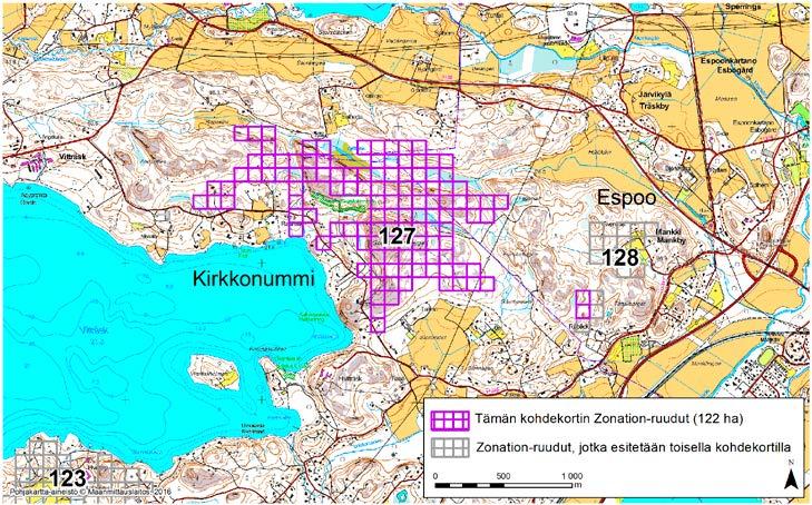 Kirkkonummi Espoo, Zonation-aluetunnus 127 KIRKKONUMMI ESPOO (127) Alue sijaitsee Kirkkonummen itäosissa ja osin myös Espoon länsiosissa Luoman (Bobäck) kylän luoteispuolella ja Vitträskin kylän