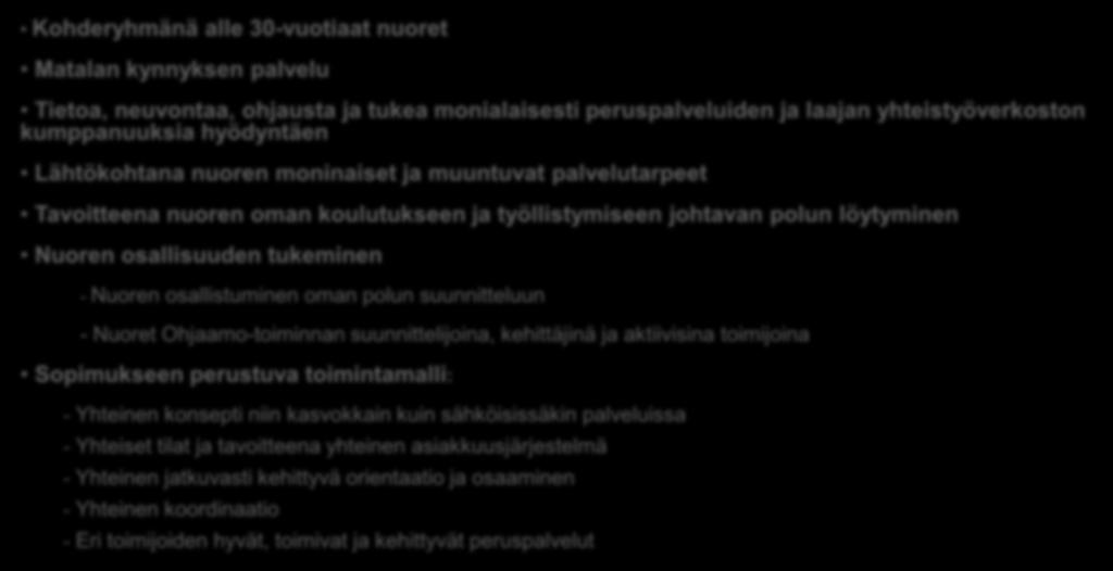 osallisuuden tukeminen - Nuoren osallistuminen oman polun suunnitteluun - Nuoret Ohjaamo-toiminnan suunnittelijoina, kehittäjinä ja aktiivisina toimijoina Sopimukseen perustuva toimintamalli: -