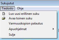 Toinen suku Voit luoda erillisiä sukuja varten uudet tiedostot Salasana -näytön Tiedosto -valikosta valitsemalla vaihtoehdon Luo uusi erillinen suku.