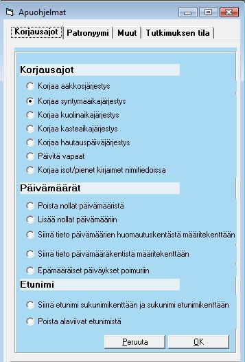 Apuohjelmat Apuohjelmista löytyy neljä eri välilehteä: Korjausajot, Patronyymi, Muut ja Tutkimuksen tila.