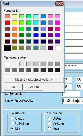 4. Parametrit -näyttö Keskusikkunan Tiedosto -valikosta valitsemalla Parametrit, voit muuttaa parametritietoja, mm. sukututkijan yhteystietoja kuten paikkakunta-, nimi ja osoitetietoja.