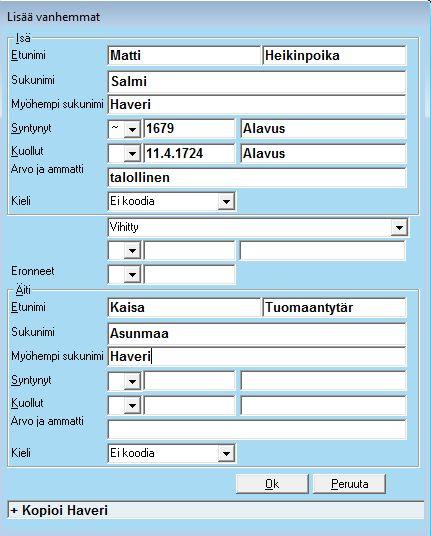 Oletuksena saadaan myöhempi sukunimi valmiina, ellei sitä Optiot -valikosta ole muutettu.