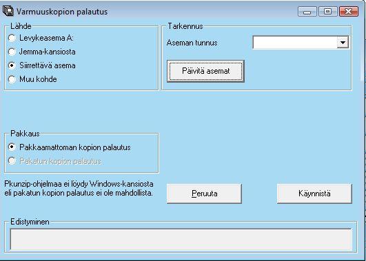 muistitikulta. Kytke muistitikku tietokoneen USB-paikkaan, odota hetki, että käyttöjärjestelmä tunnistaa muistitikun, paina Päivitä asemat -painiketta, valitse muistitikun asemakirjain.