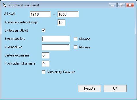 Puuttuvat sukulaiset Puuttuvat sukulaiset on raportti, johon saa Keskusikkunalla olevan esivanhemman jälkeläisistä haarukoitua ne