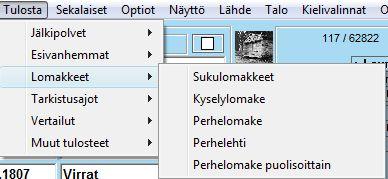 12. Tulosta lomakkeet Sukulomakkeet Sukulomakkeet -valinnalla voidaan tulostaa esitäytettyjä Perhetaulu -lomakkeita.