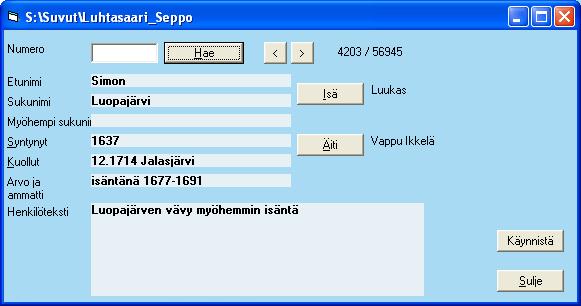 Kun suku on valittu, seuraavaksi tulee esiin ikkuna, jossa valitaan kyseisen suvun lähtöhenkilö. Lähtöhenkilön verrattavassa suvussa pitää olla sama henkilö kuin Keskusikkunalla oleva henkilö.