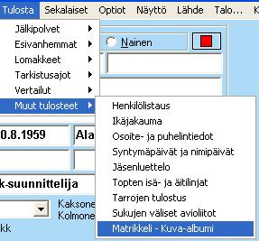 Sukujen välisillä avioliitoilla saa raportin kahden eri esivanhemman jälkeläisten välisistä avioliitoista. Lähtöhenkilö 1. kentässä on keskusikkunassa olevan esivanhemman kortinnumero ja nimi ja 2.