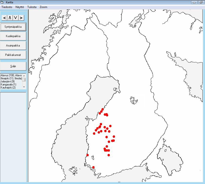 Kartta -osio Kun Kartta -näyttö aukeaa, siihen on oletuksena merkitty Poimurissa olevien henkilöiden syntymäpaikat.