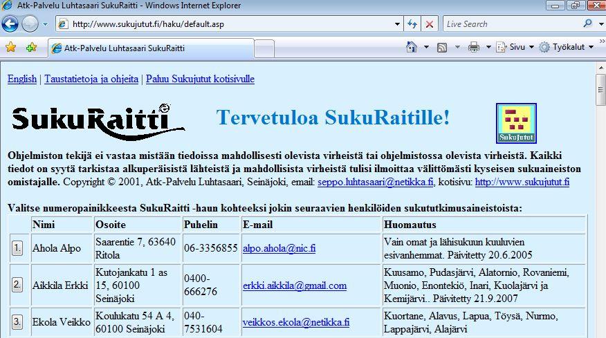 toisiinsa sukulaisuussuhteiden avulla. SukuRaitin käyttö muistuttaa SukuJutut -ohjelman käyttöä.