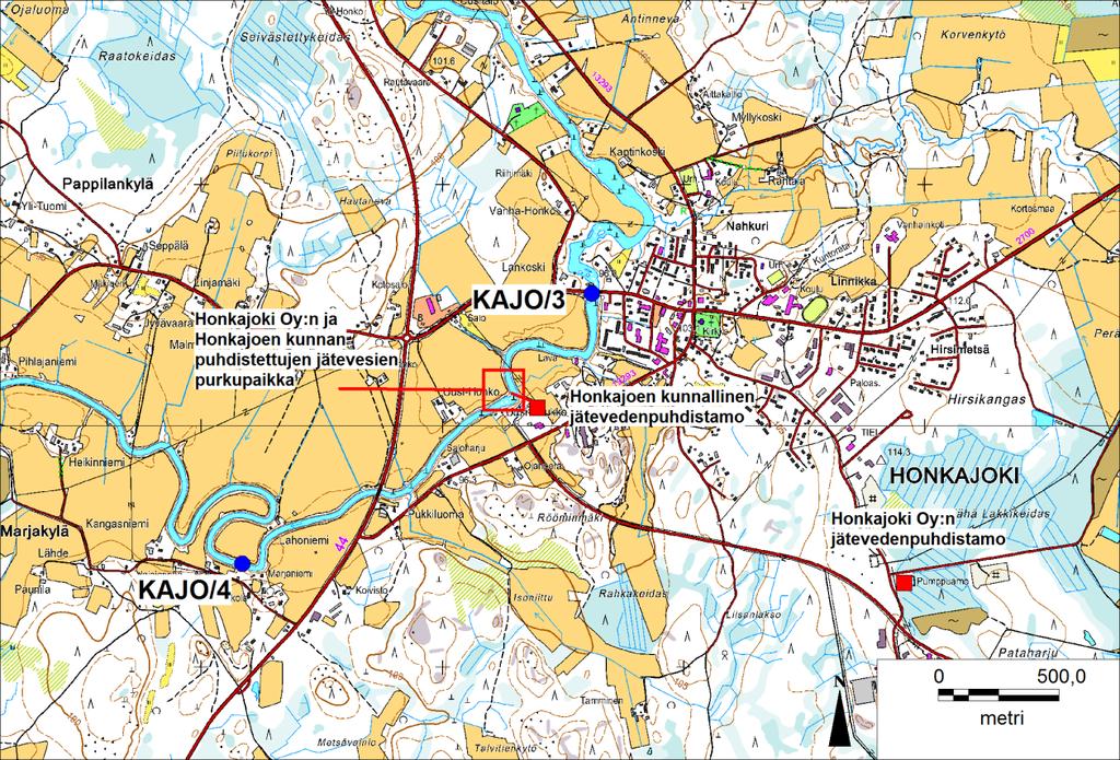 30 Kuva 7.8. Honkajoen kunnallisen jätevedenpuhdistamon ja Honkajoki Oy:n jätevesien purkupaikka Karvianjoen pääuomassa sekä kuormituksen vesistötarkkailupisteiden sijainti.