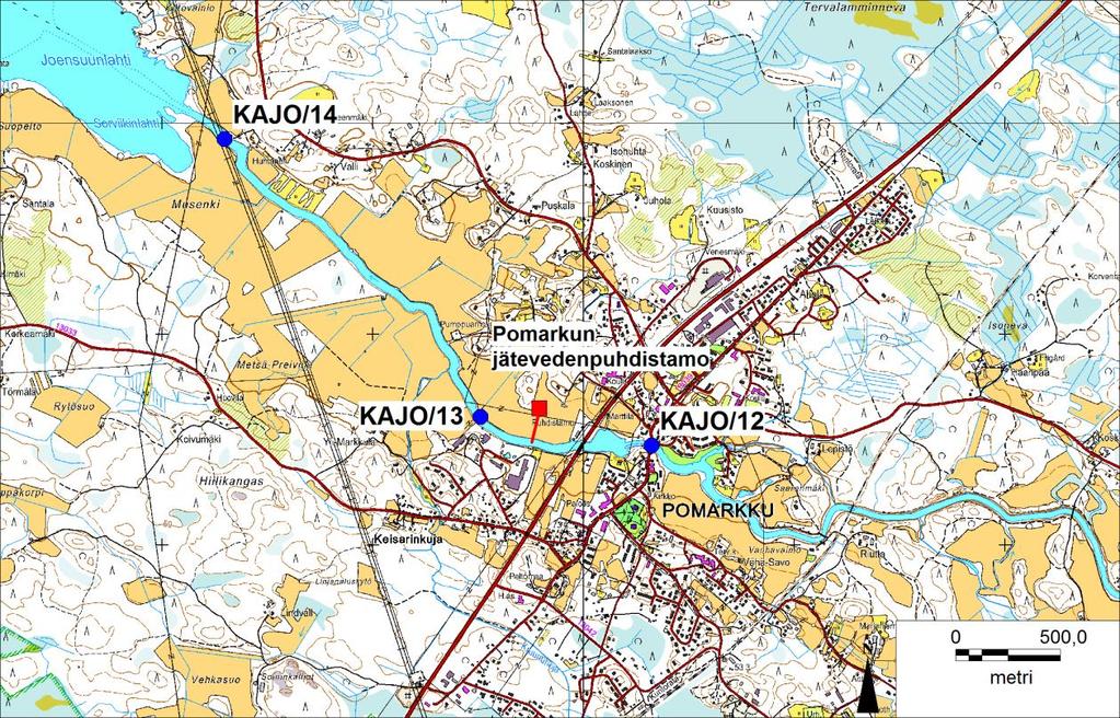 49 Kuva 7.20. Pomarkun kunnan jätevedenpuhdistamon sijainti ja jätevesien purkupaikka Pomarkunjoella sekä tarkkailupisteiden sijainti. Peruskarttarasteri Maanmittauslaitos 6/2012