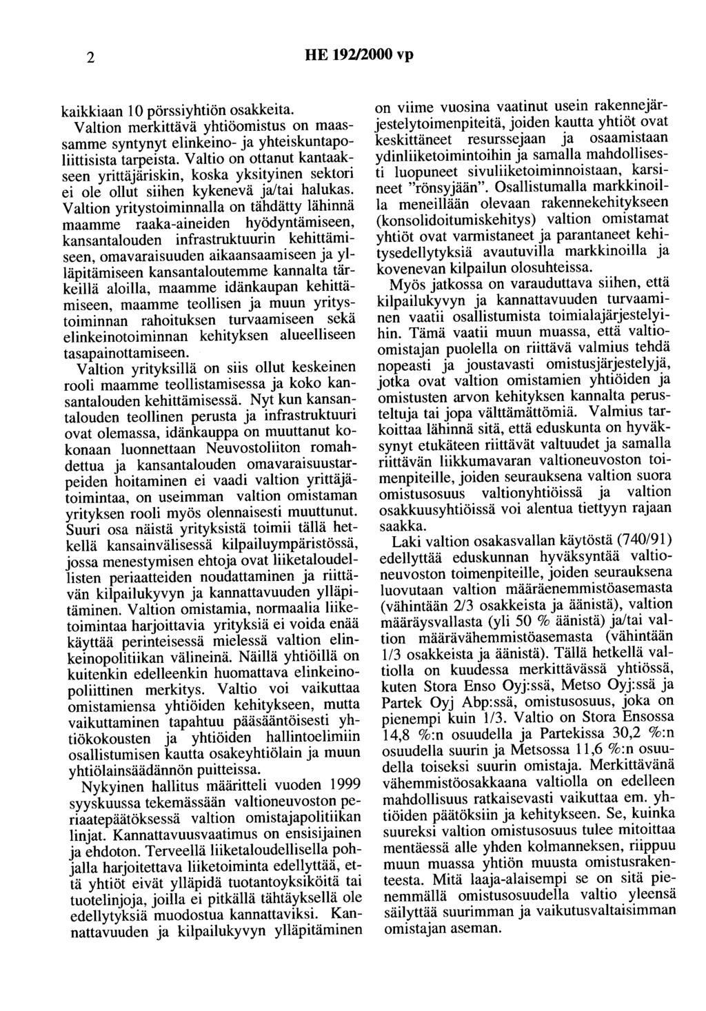 2 HE 92/2000 vp kaikkiaan 0 pörssiyhtiön osakkeita. Valtion merkittävä yhtiöomistus on maassamme syntynyt elinkeino- ja yhteiskuntapoliittisista tarpeista.