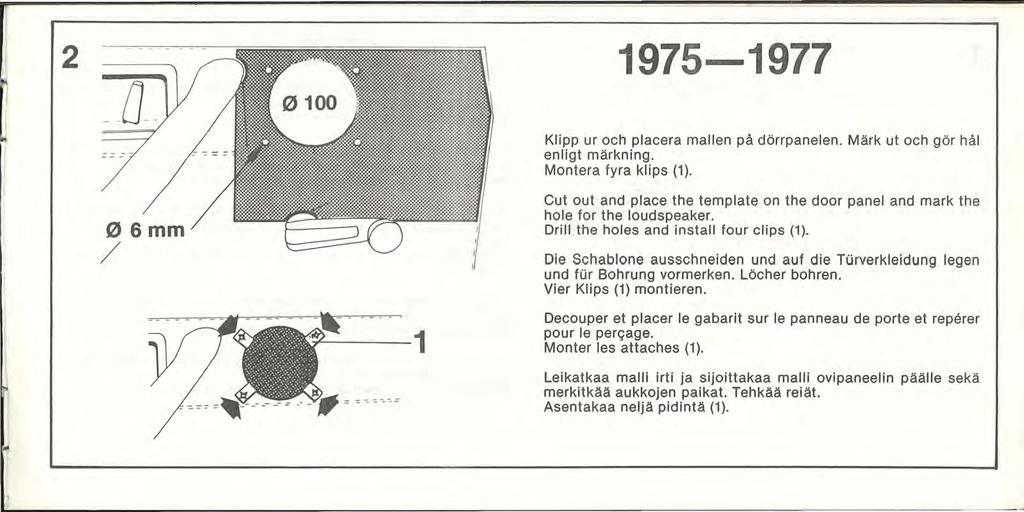 1975-1977 Klipp ur och placera mallen på dörrpanelen. Märk ut och gör hål enligt märkning. Montera fyra klips (1).