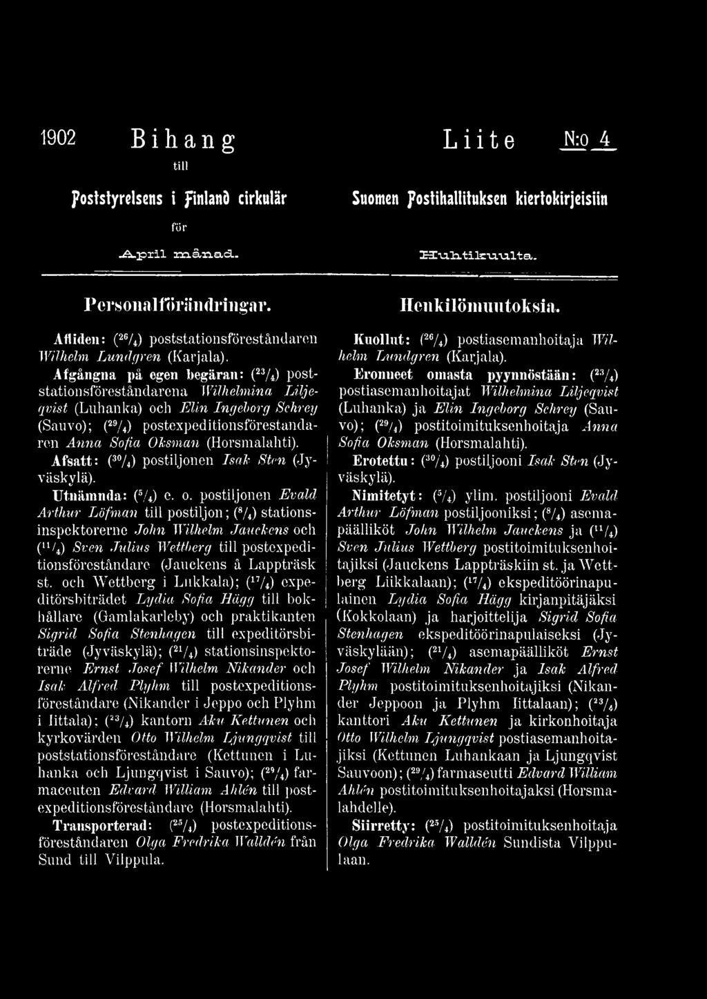 postiljonen Evald Arthur Löfman till postiljon; (8/4) stationsinspektorerne John Wilhelm Jauckens och (u /4) Sven Julius Wettberg till postoxpeditionsföreståndare (Jauckens å Lappträsk st.