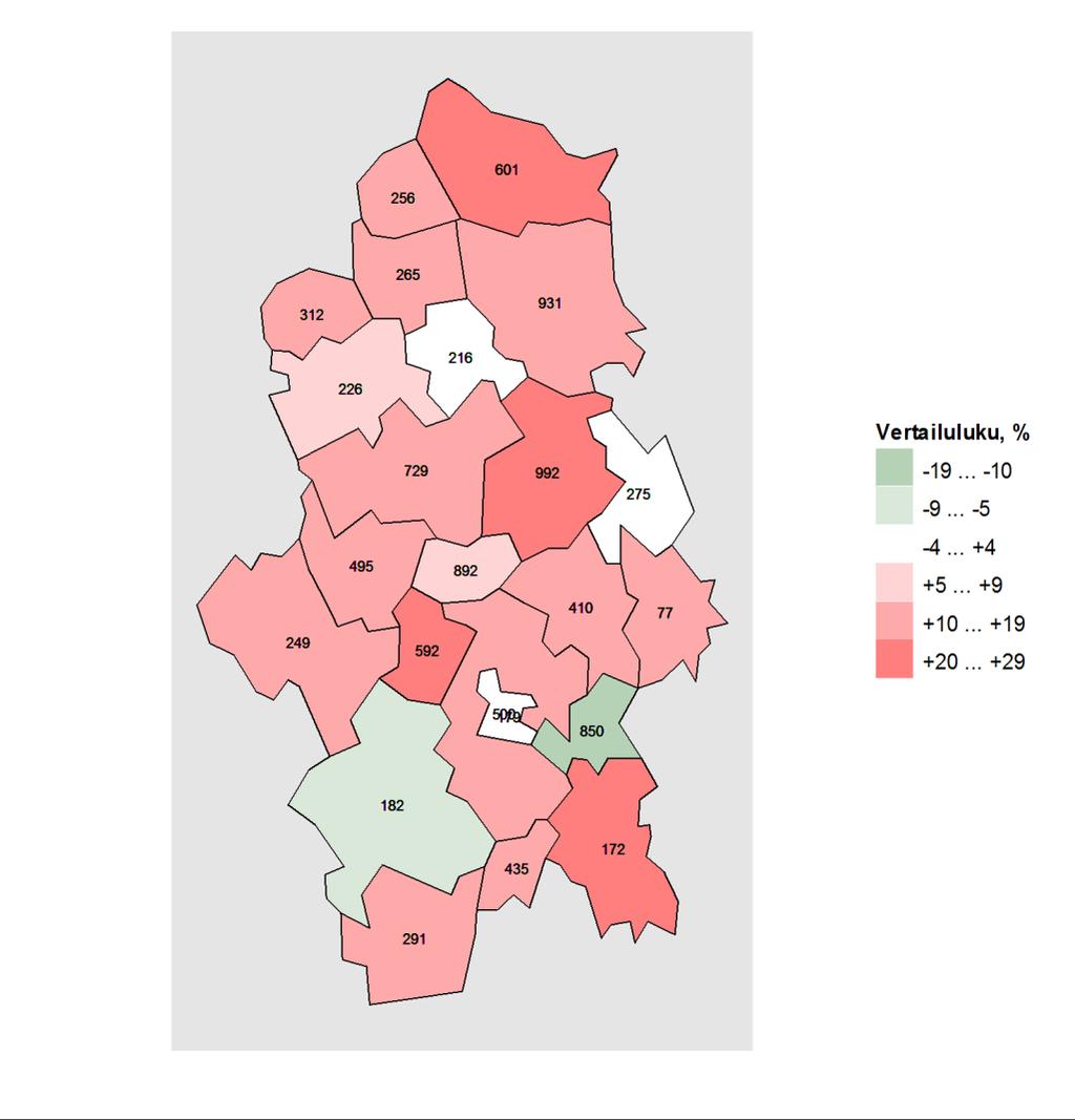 Kartta 1. Vammojen ja myrkytysten aiheuttamat hoitojaksot alueen kunnissa vuosina 2011 2015, vertailutiedot koko maan tilanteeseen. Kartta: Maanmittauslaitoksen Yleiskartta 1:4 500 000, 2011.