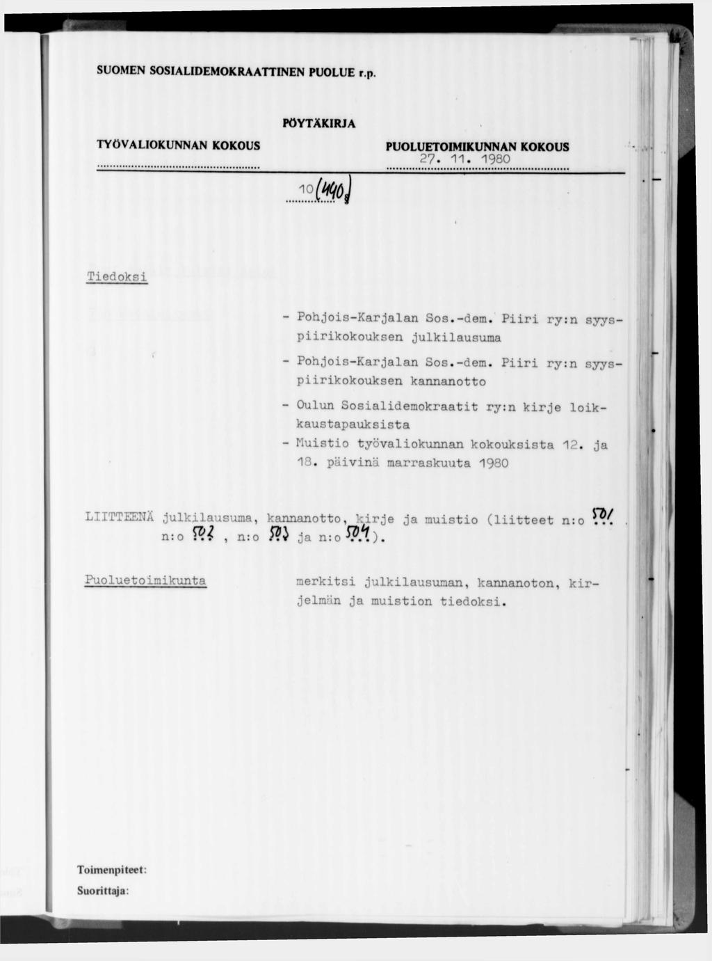 10 27. 11. 1980 Tiedoksi - Pöhjois-Karjalan Sos.-dem. Piiri ry:n syyspiirikokouksen julkilausuma - Pöhjois-harjalan Sos.-dem. Piiri ry:n syyspiirikokouksen kannanotto - Oulun Sosialidemokraatit ry:n kirje loikkaus tapauksista - Muistio työvaliokunnan kokouksista 12.