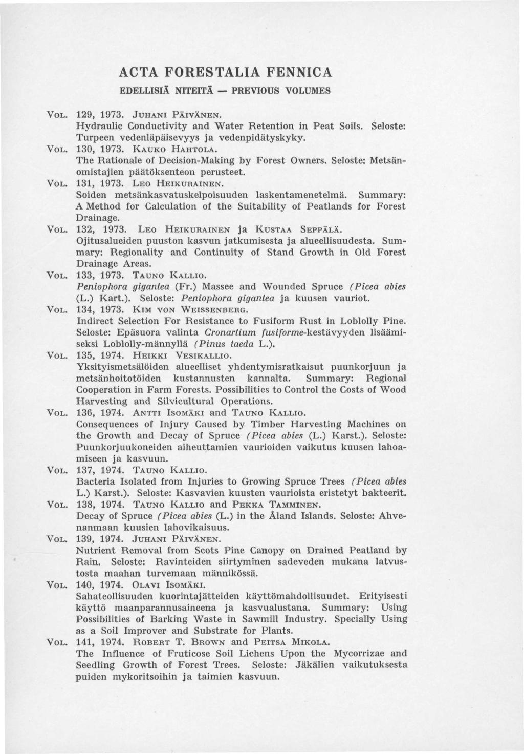 ACTA FORESTALIA FENNICA EDELLISIÄ NITEITÄ PREVIOUS VOLUMES VOL. 9, 97. JUHANI PÄIVÄNEN. Hydraulic Conductivity and Water Retention in Peat Soils. Seloste: Turpeen vedenläpäisevyys ja vedenpidätyskyky.