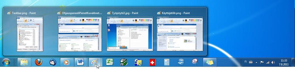 Kuva 7. Tehtäväpalkin kautta näkee tietyn ohjelman (tässä Paint) auki olevat sovellusikkunat (dokumentit). Hiiren kakkospainikkeella pääsee kätevästi oikaisemaan dokumenttien aukaisussa.