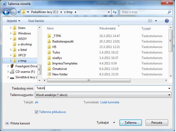 Uuden dokumentin luonti tapahtuu normaalisti tallentamalla se ohjelmasta haluttuun paikkaan hakemistorakenteessa. Tästä tarkemmin seuraavaksi. 2.4.