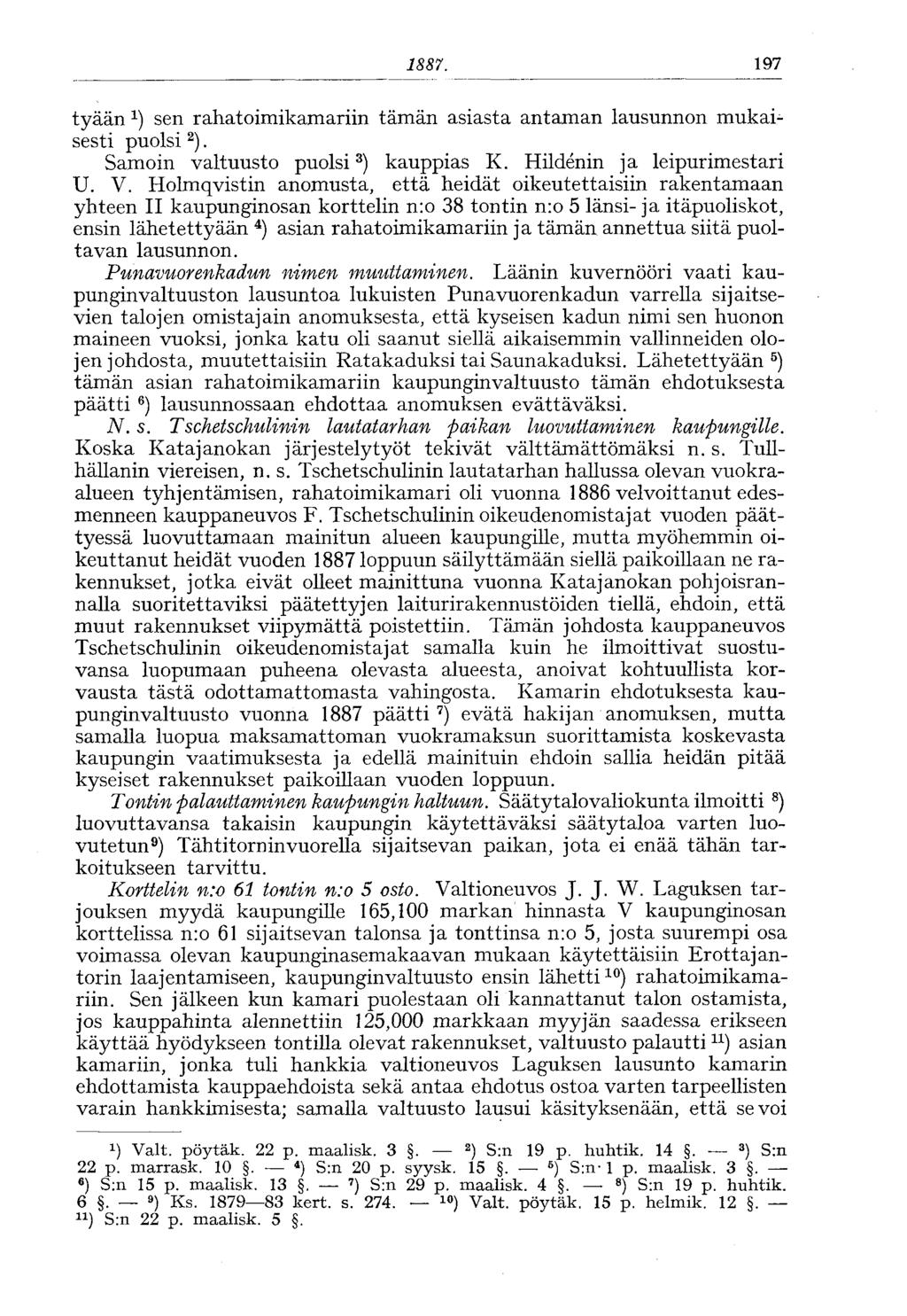 1887. 197 tyään sen rahatoimikamariin tämän asiasta antaman lausunnon mukaisesti puolsi 2 ). Samoin valtuusto puolsi 3 ) kauppias K. Hildenin ja leipurimestari U. V.