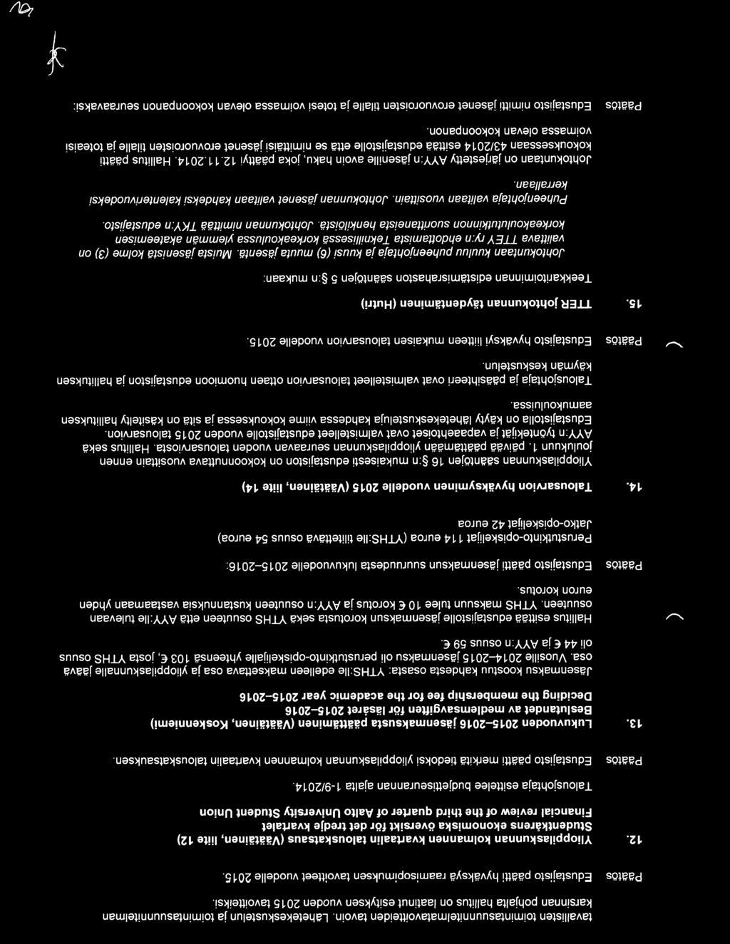 Ylioppilaskunnan kolmannen kvartaalin talouskatsaus (Vaatainen, liite 12) Studentkarens ekonomiska oversikt for det tredje kvartalet Financial review of the third quarter of Aalto University Student