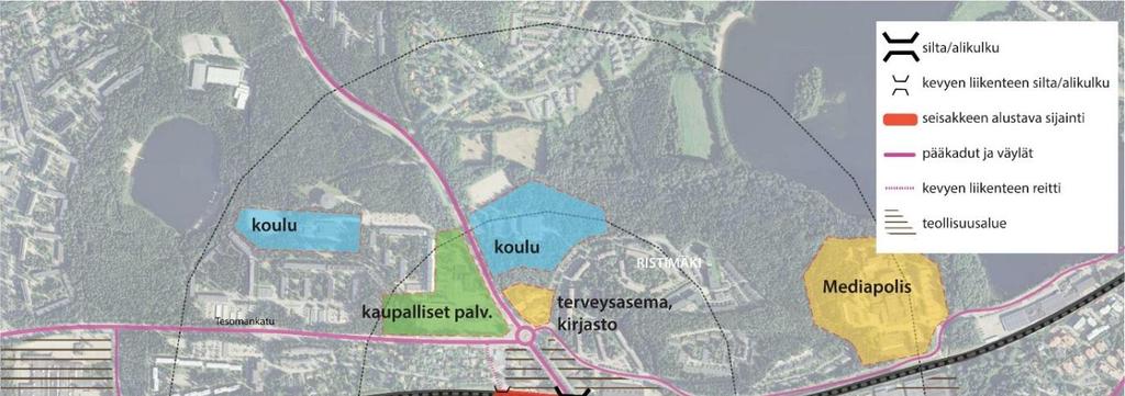 5.3 Vammalan suunnan esimerkkiasemien maankäytön potentiaali ja liikenteen kysyntä 5.3.1 Tesoman maankäytön potentiaali Nykyinen maankäyttö aseman lähiympäristössä Tesoma on Tampereen keskustasta noin 7 km etäisyydellä länteen sijaitseva alakeskus.